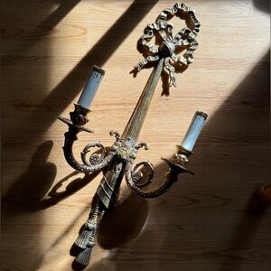 Vintage Louis xvi ribbon bow gold gilded double arm electric candle wall sconce
